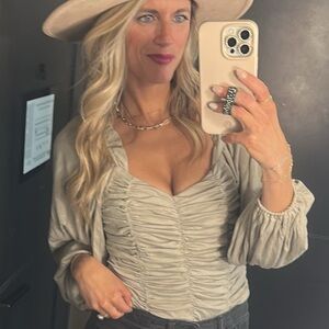 Pink Lily Taupe Ruched Bodysuit New in Bag size Medium